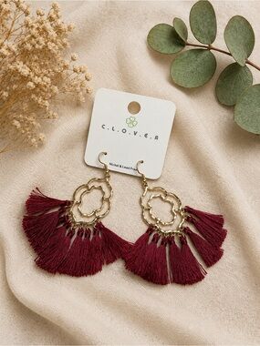 Clover Burgundy Tassel Drop Earrings